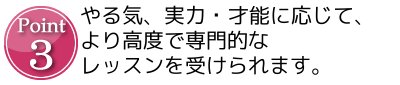 Point3 やる気、実力、才能に応じて、より高度で専門的なレッスンを受けられます。